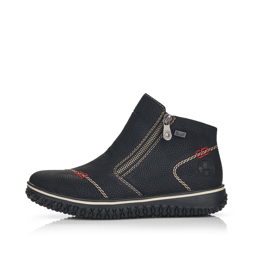 Nachtschwarze Rieker Damen Slipper L4270-00 mit Reißverschluss sowie einer Profilsohle. Schuh Außenseite