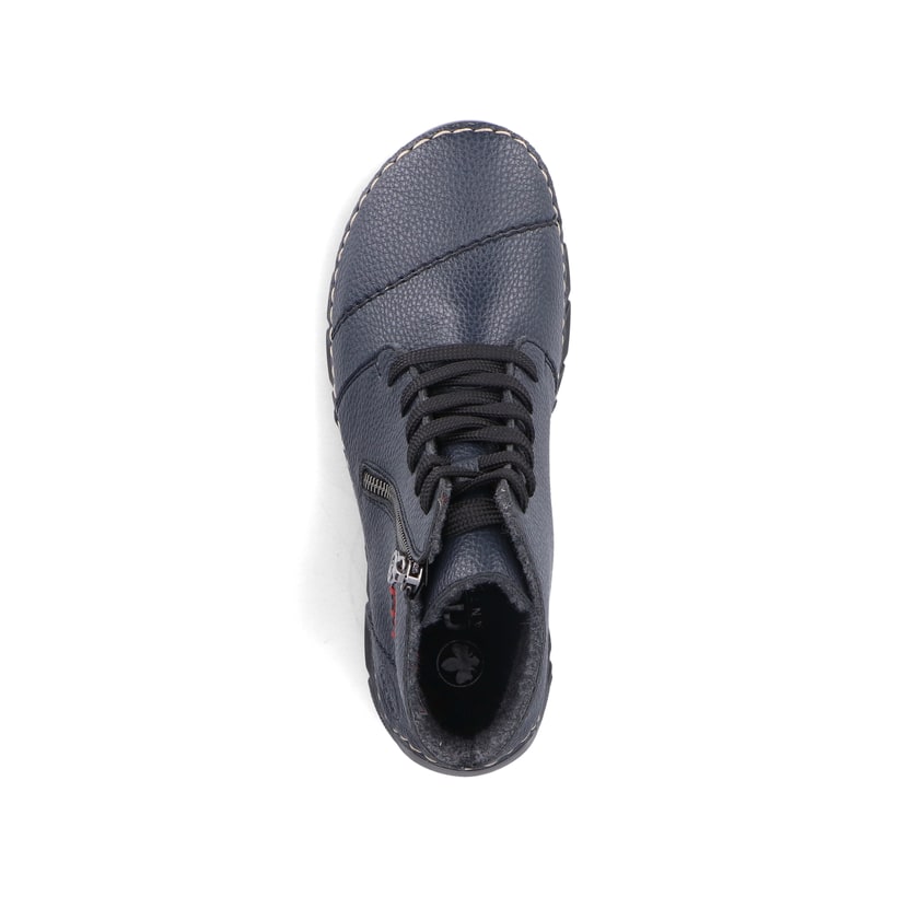 Dunkelblaue Rieker Damen Schnürstiefel 55034-14 mit einem Reißverschluss. Schuh von oben.