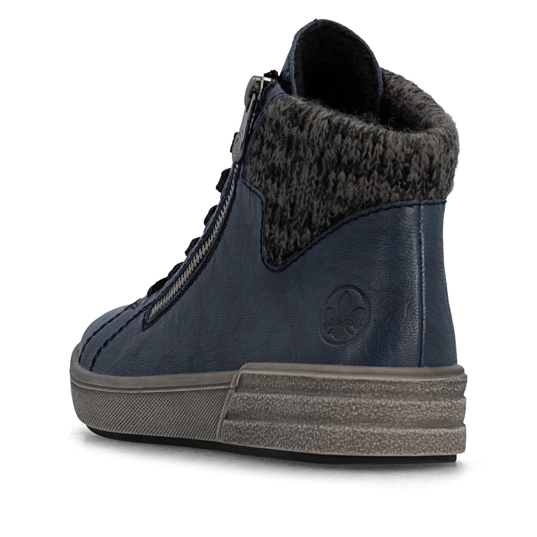 Dunkelblaue Rieker Damen Sneaker High X0709-14 aus Glattleder mit Reißverschluss. Schuh von hinten.