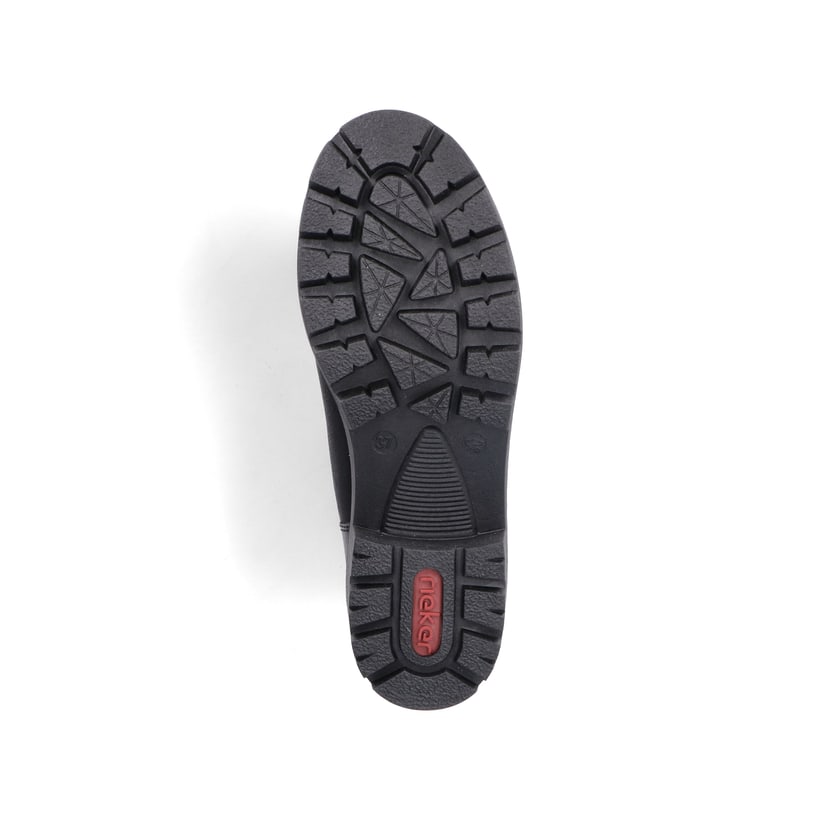 Asphaltschwarze Rieker Damen Stiefeletten 79281-00 mit einem Reißverschluss. Schuh Laufsohle.