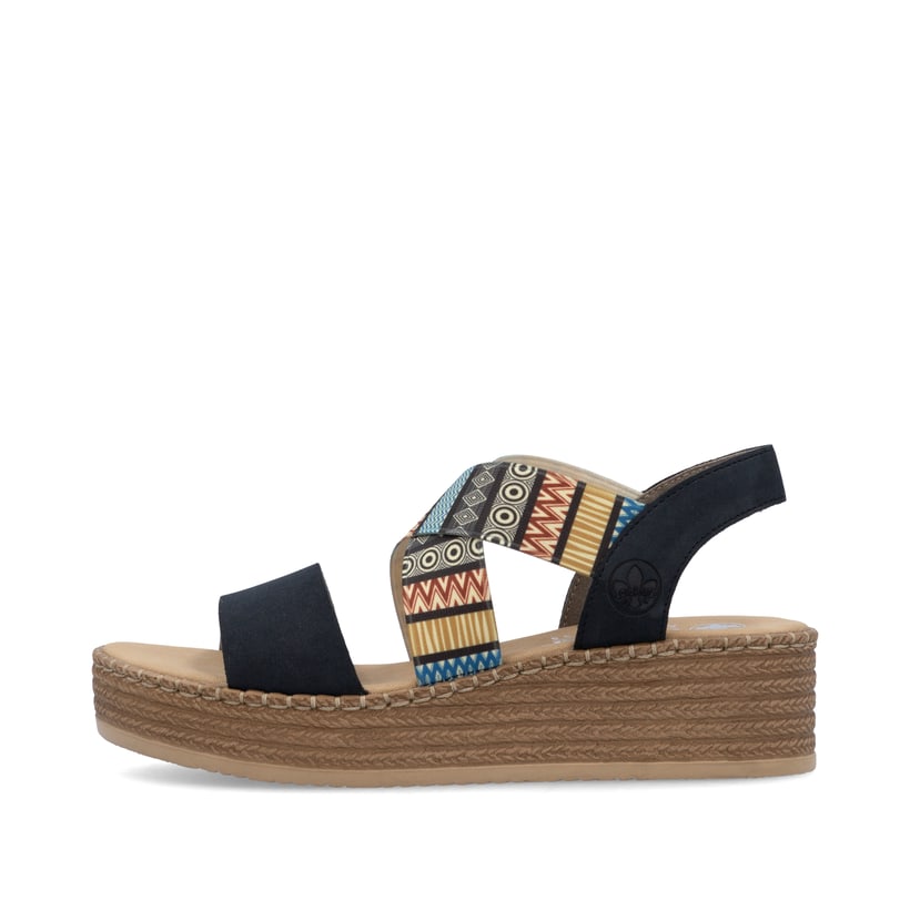 Blaue Rieker Keilsandaletten V4551-14 mit Gummizug sowie sehr leichter Sohle. Schuh Außenseite.