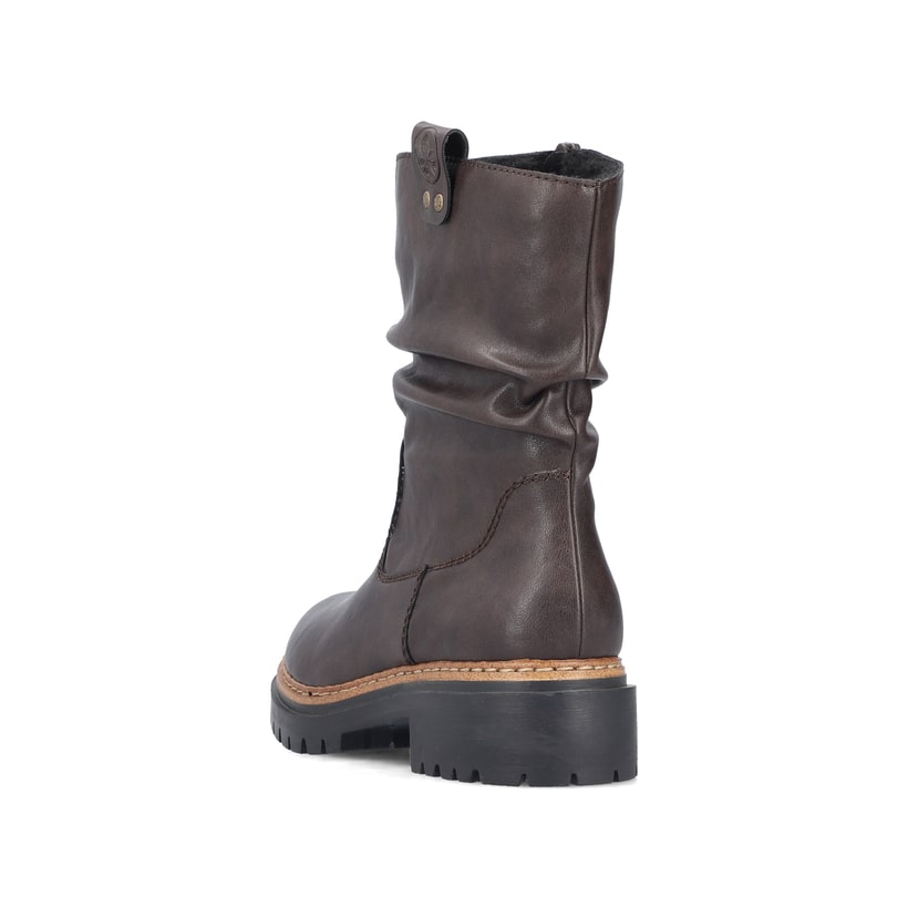 Dunkelbraune Rieker Damen Kurzstiefel 72684-25 mit gerafftem Schaft. Schuh von hinten.