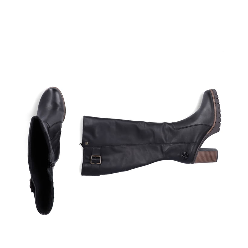 Schwarze Rieker Damen Hochschaftstiefel Y2581-00 aus Glattleder. Schuh von oben, liegend.