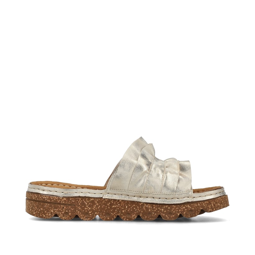 Beige Rieker Damen Pantoletten V8763-60 mit Klettverschluss sowie leichter Sohle. Schuh Innenseite.