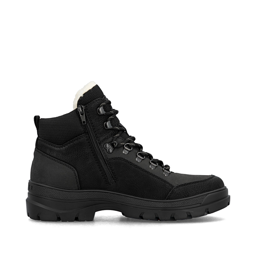 Asphaltschwarze Rieker Herren Schnürstiefel F5410-00 mit Flip-Grip Sohle mit Spikes. Schuh Innenseite