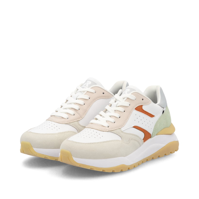 Baskets basses Rieker blanches pour femme W2500-81 avec lacets. Chaussures inclinées sur le côté.