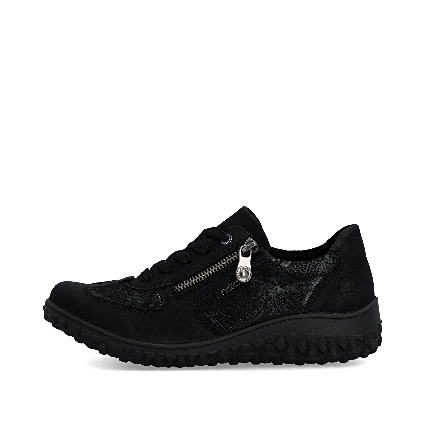 Baskets basses Rieker noires pour femmes 59501-00 avec fermeture éclair. Côté extérieur de la chaussure.