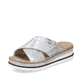 Silberne Rieker Damen Pantoletten V7979-80 mit einem Klettverschluss. Schuh seitlich schräg.