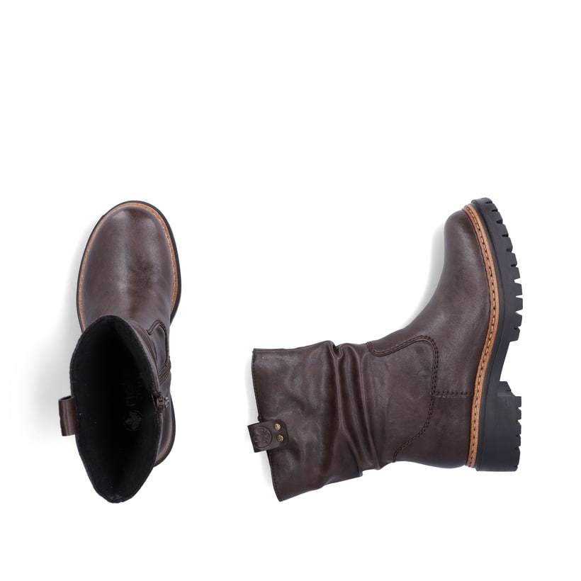 Dunkelbraune Rieker Damen Kurzstiefel 72684-25 mit gerafftem Schaft. Schuh von oben, liegend.