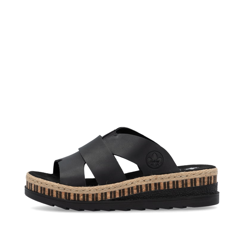 Schwarze Rieker Damen Pantoletten V7989-00 mit einem Gummizug. Schuh Außenseite.
