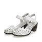 Weiße Rieker Pumps 40991-80 in Löcheroptik mit einem Klettverschluss. Schuhpaar seitlich schräg.