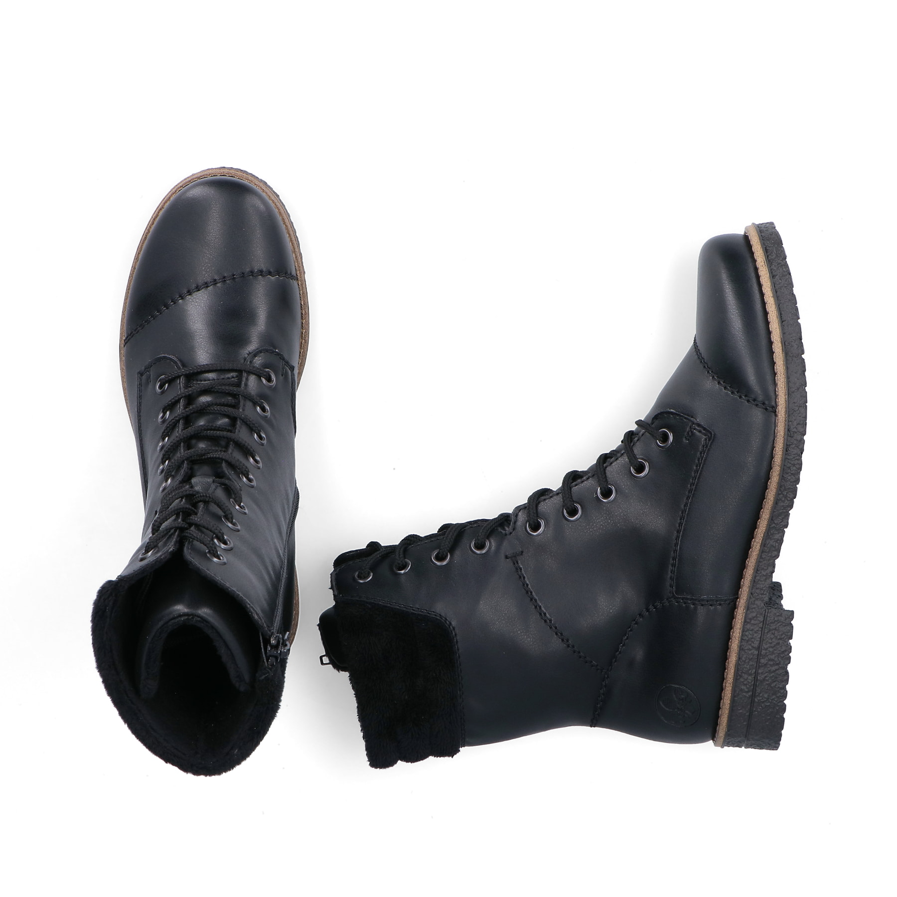 Schwarze Rieker Damen Schnürstiefel 73570-00 mit einem Reißverschluss. Schuh von oben, liegend.