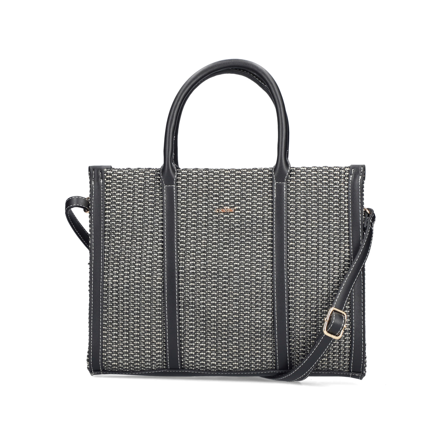 Sac à main Rieker H1013-92 noir avec style raphia et fermeture éclair. Devant.