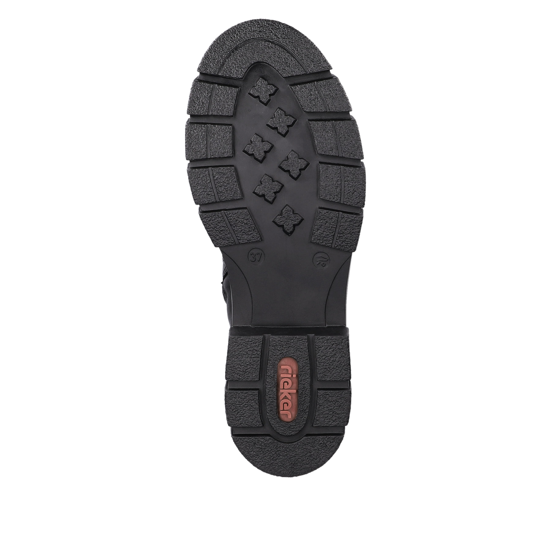 Schwarze Rieker Damen Kurzstiefel Z9174-00 mit Zierschnalle sowie Reißverschluss. Schuh Laufsohle.