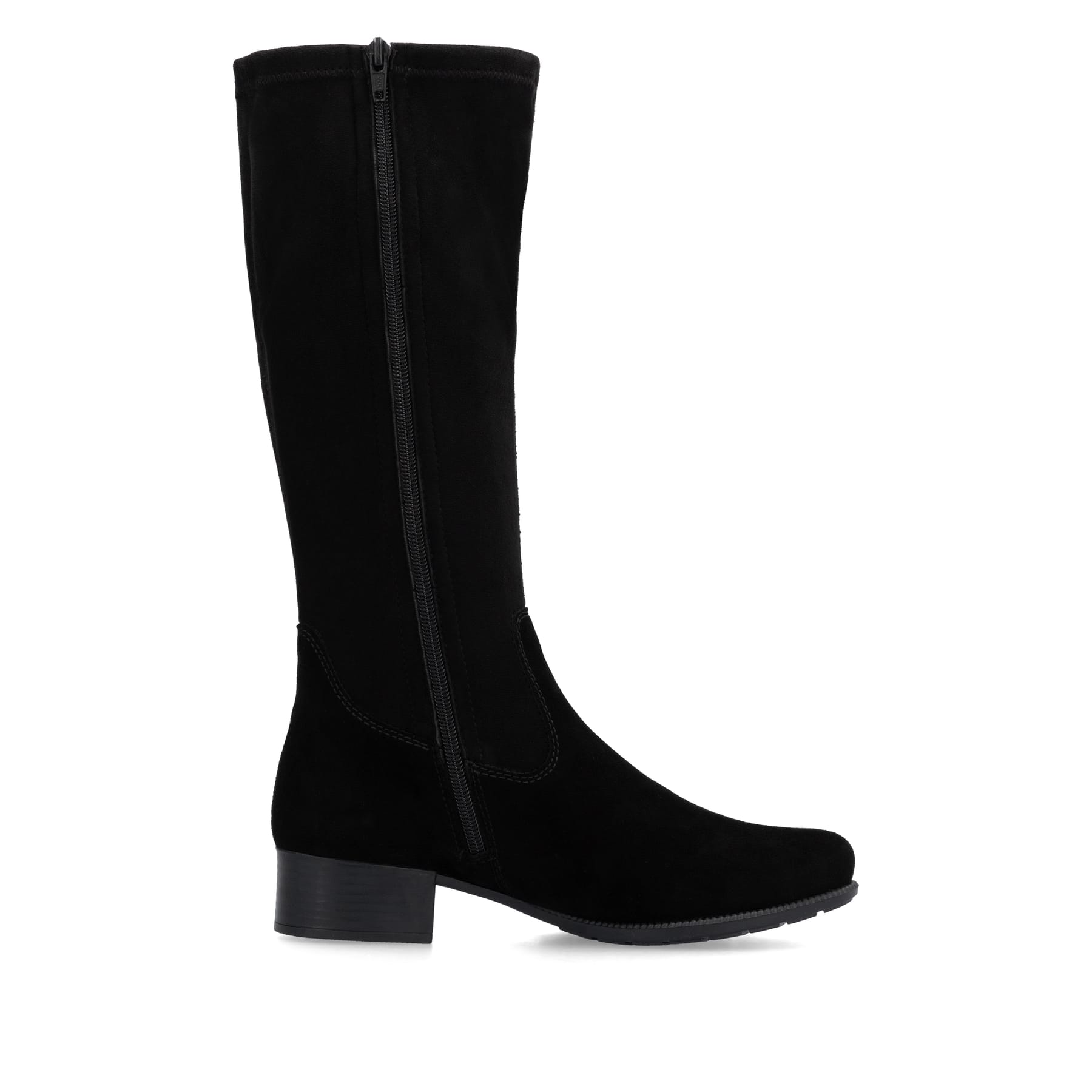 Tiefschwarze Rieker Damen Hochschaftstiefel 78654-00 mit einem Reißverschluss. Schuh Innenseite.