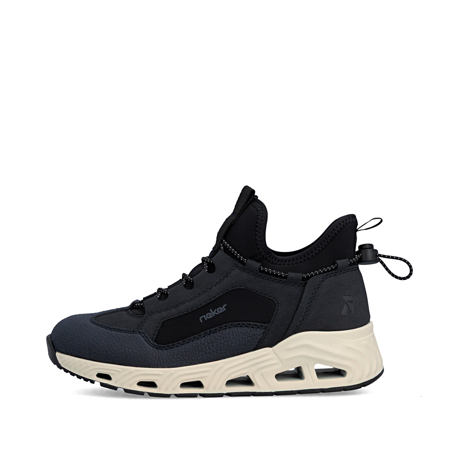 Dunkelblaue Rieker Damen Sneaker Low N5254-14 mit Gummizug sowie Komfortweite G. Schuh Außenseite.
