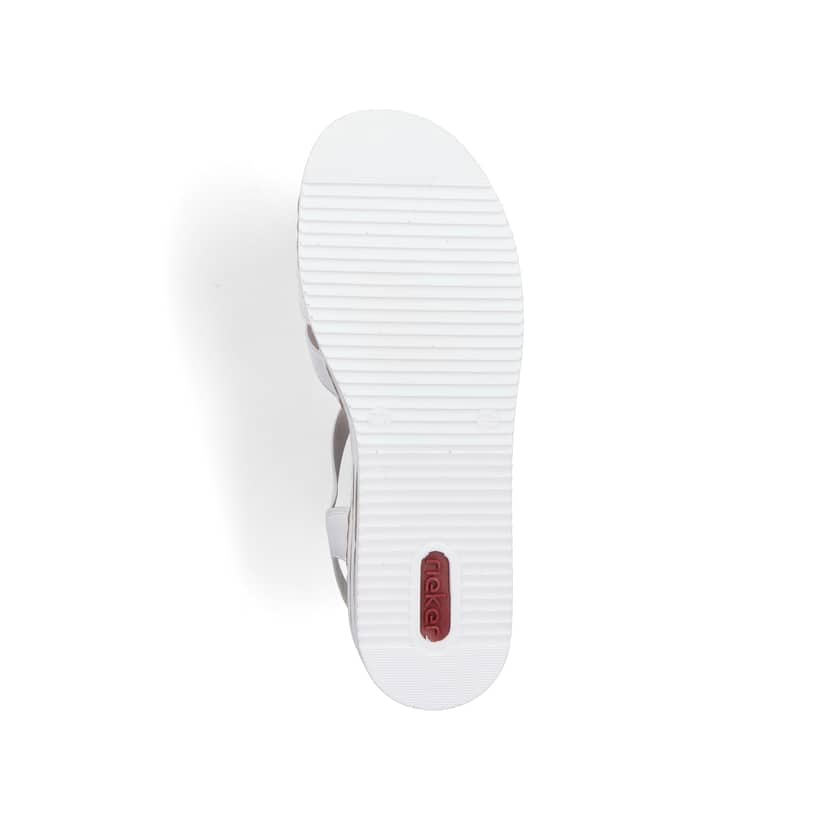 Weiße Rieker Keilsandaletten V0240-80 mit Strasssteinen sowie einem Gummizug. Schuh Laufsohle.