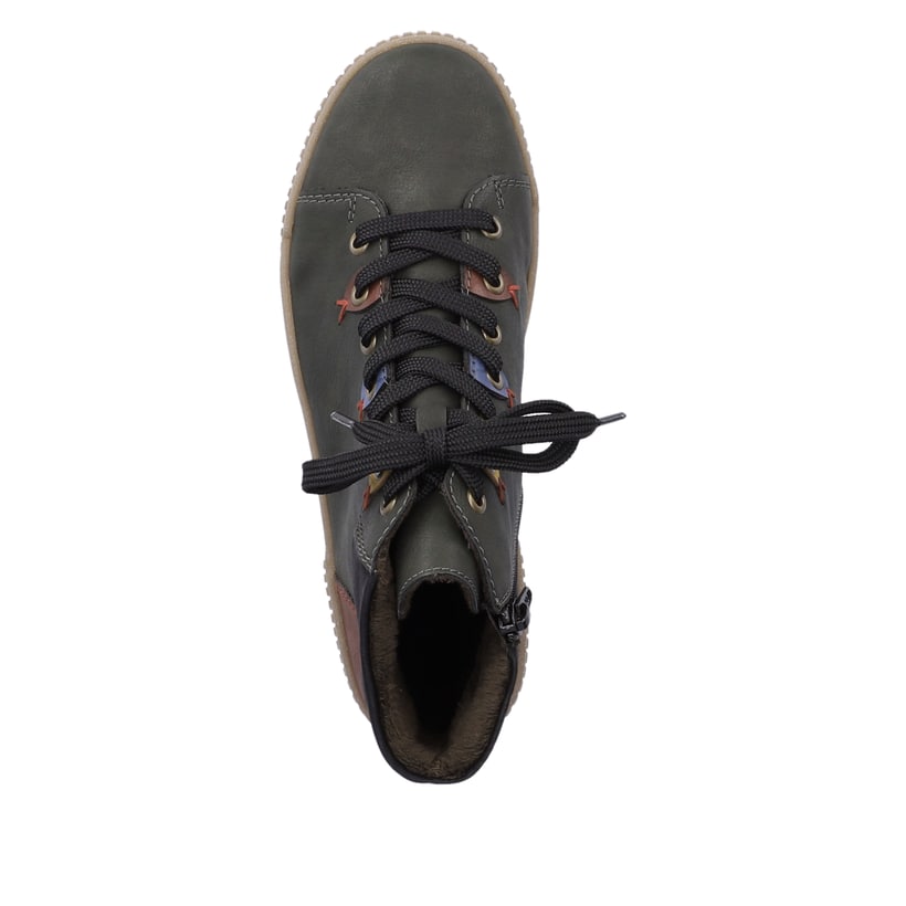Mehrfarbige Rieker Damen Schnürstiefel N0711-54 mit Ösen-Verzierung. Schuh von oben.