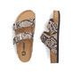 Beige vegane Rieker Damen Pantoletten V6391-20 mit angesagtem Animal-Print. Schuh von oben, liegend.