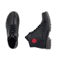 Bottes à lacets Rieker noires pour femmes 79522-00 avec auffälligem Logo. Chaussure vue de dessus, couchée.
