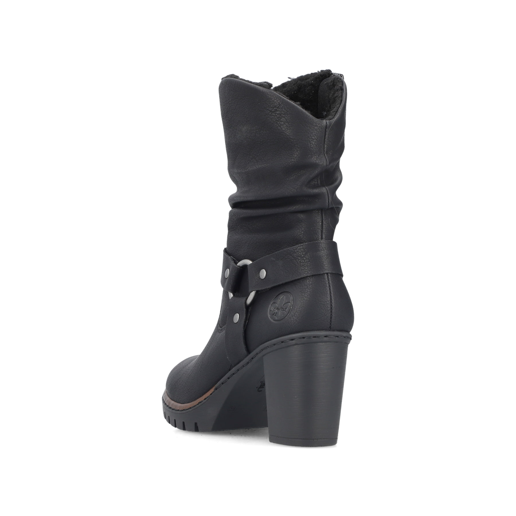 Bottines Rieker noires pour femme Y2582-00 avec fermeture éclair. Chaussure vue de l'arrière.