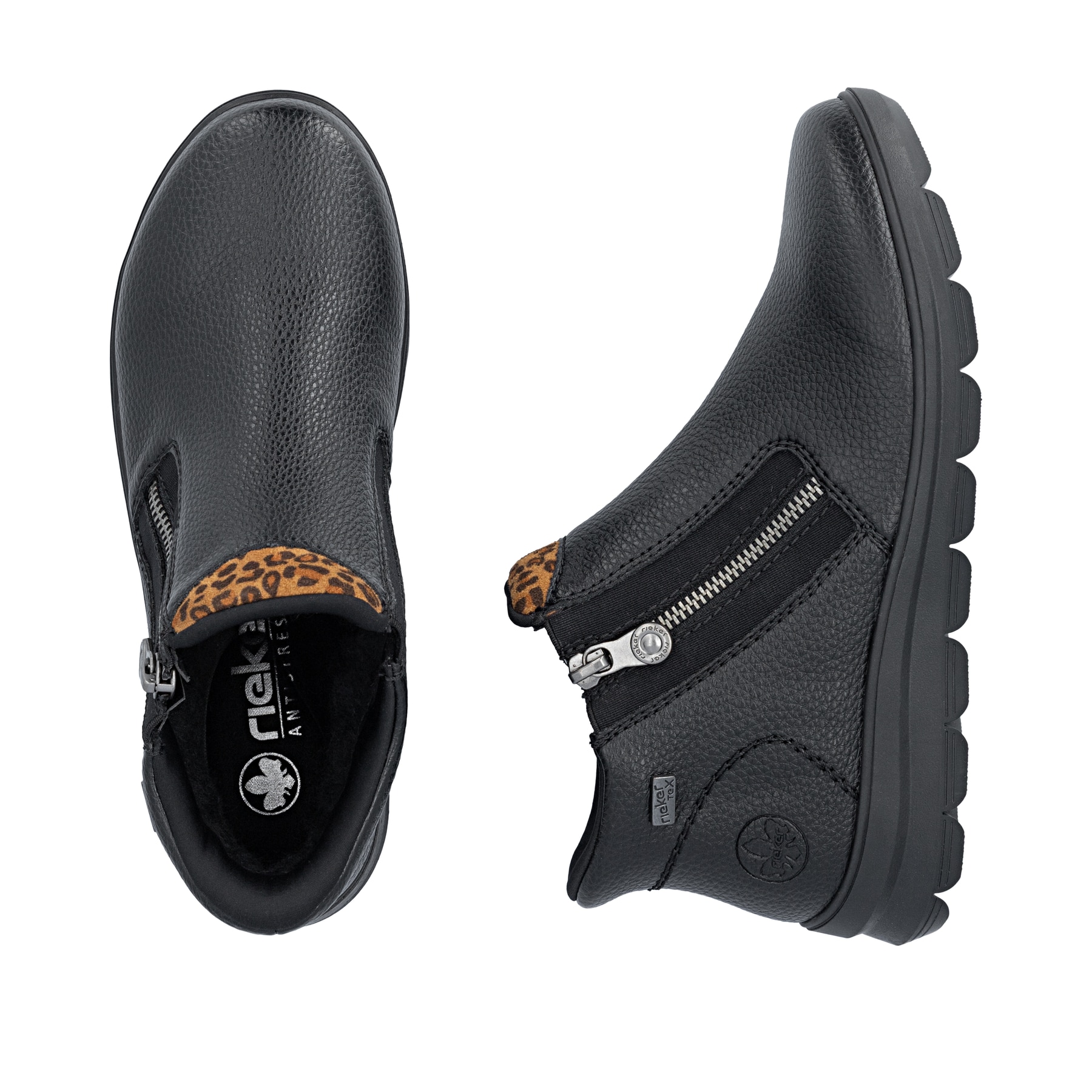 Schwarze Rieker Damen Kurzstiefel Z0059-00 mit wasserabweisender TEX-Membran. Schuh von oben, liegend.