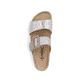 Graue Rieker Damen Pantoletten 69881-40 mit Klettverschluss sowie Textprint. Schuh von oben.