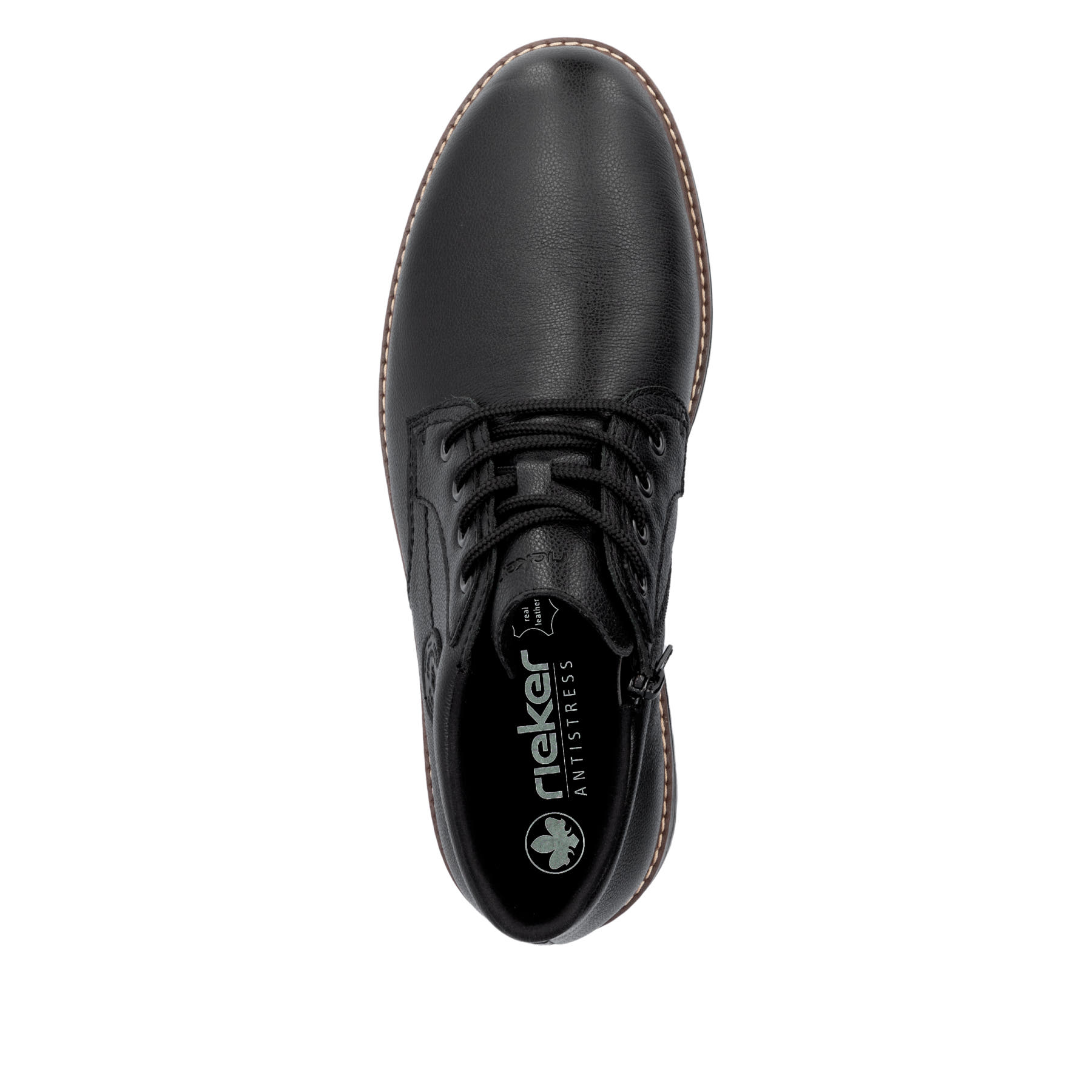 Schwarze Rieker Herren Schnürstiefel 10539-00 aus Glattleder mit Reißverschluss. Schuh von oben.