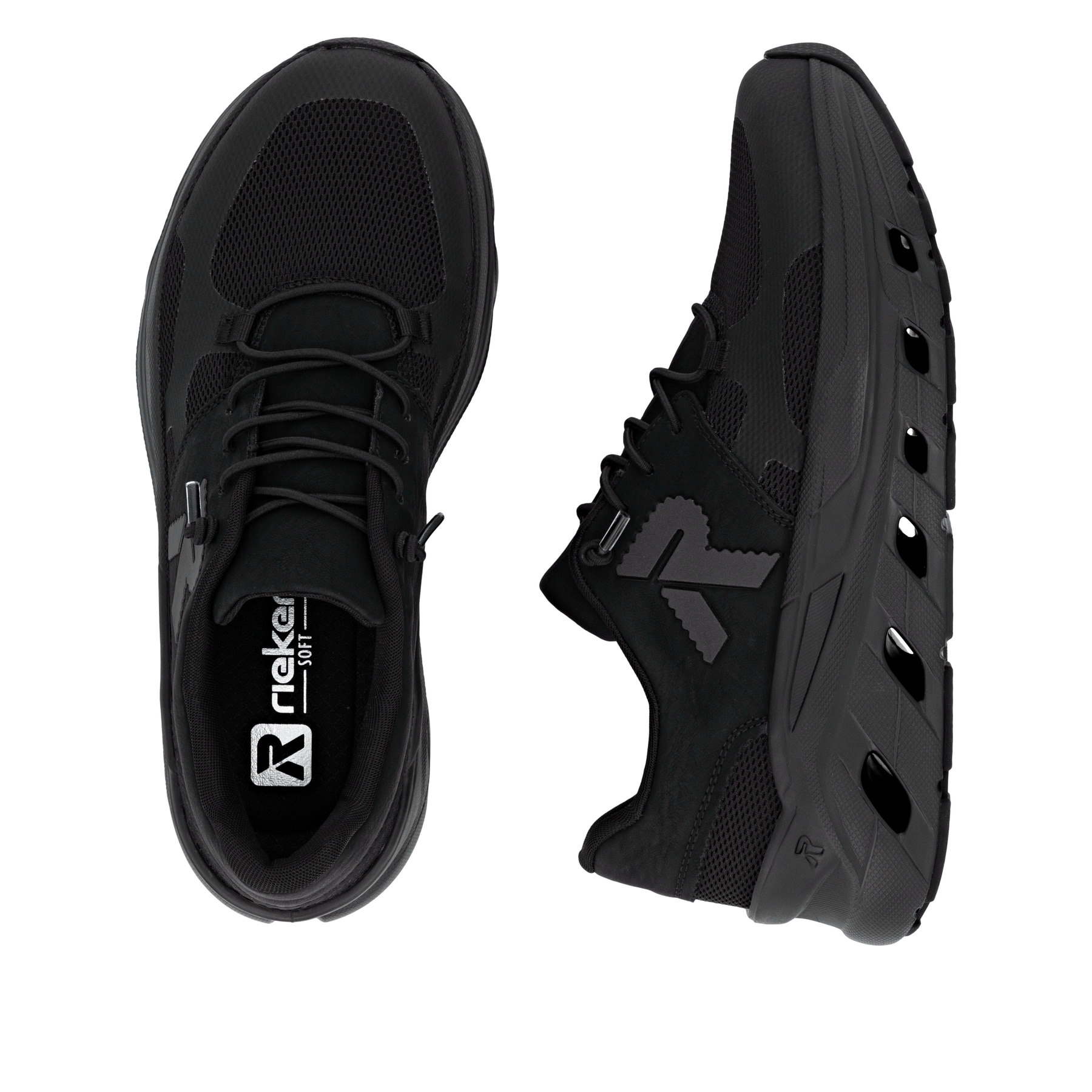 Schwarze Rieker Herren Sneaker Low U3500-01 mit Schnürung sowie dämpfender Sohle. Schuh von oben, liegend.