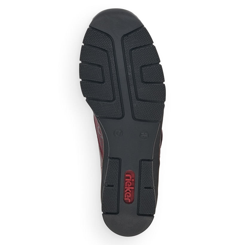Mocassins Rieker rouges femme 537C0-35 en cuir lisse avec motif cachemire. Semelle extérieure de la chaussure.