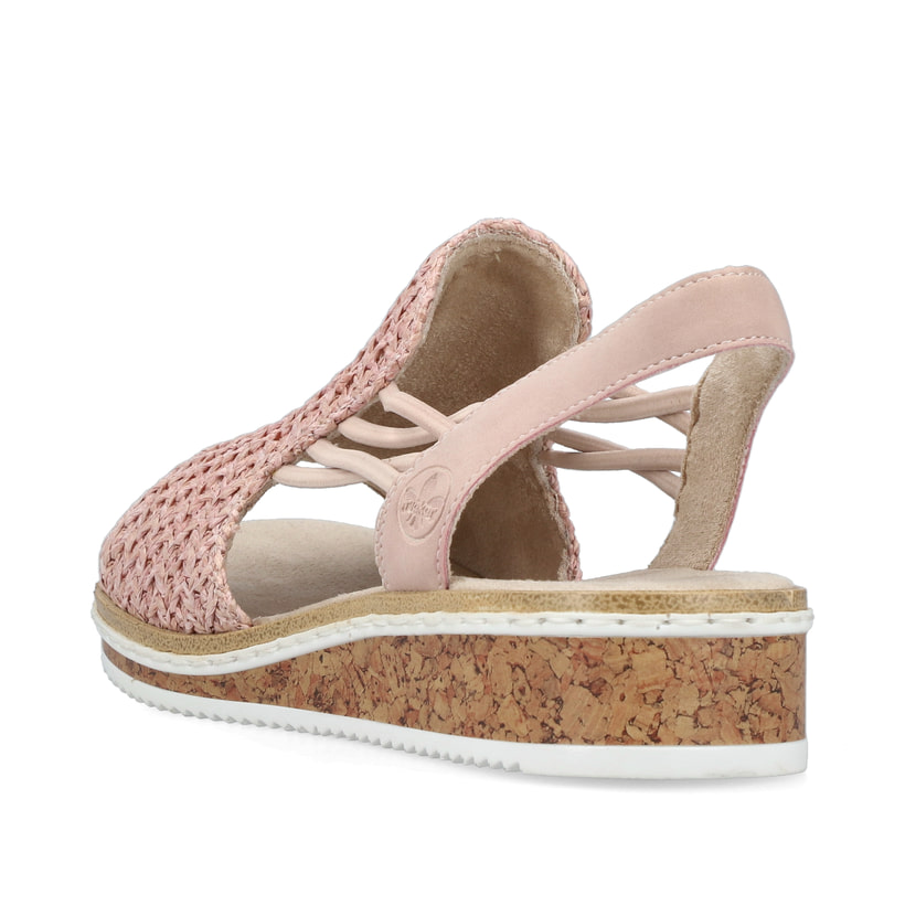 Rosane Rieker Keilsandaletten V3641-31 mit Gummizug sowie einer leichten Sohle. Schuh von hinten.
