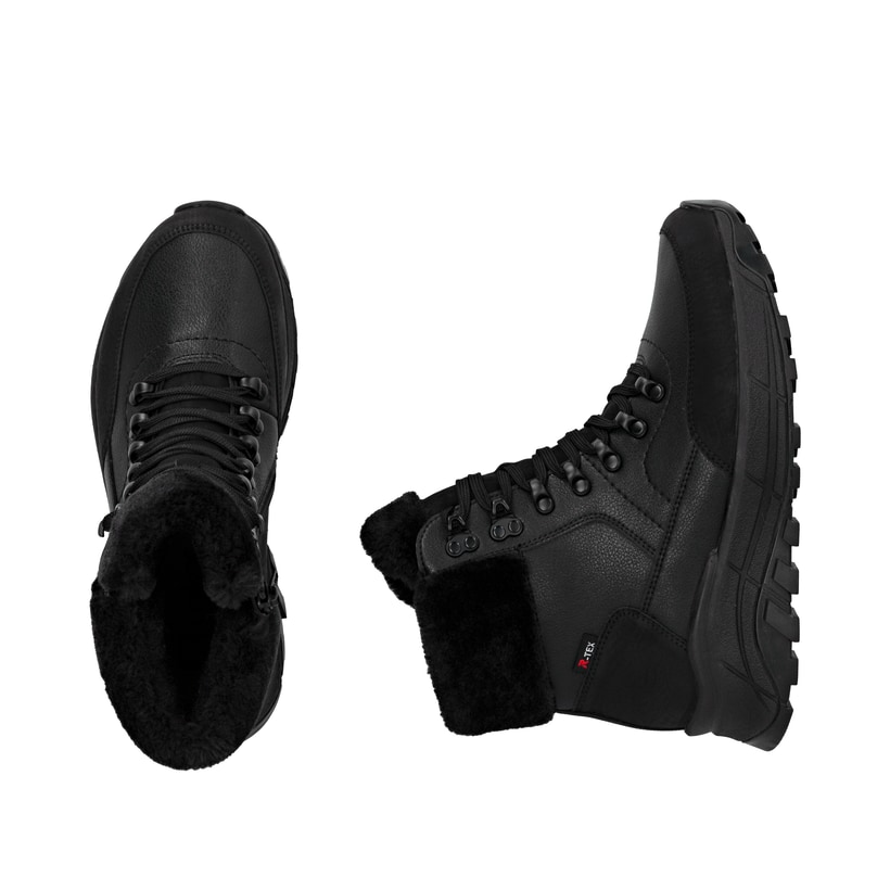 Schwarze Rieker Damen Schnürstiefel W0063-02 mit wasserabweisender TEX-Membran. Schuh von oben, liegend.