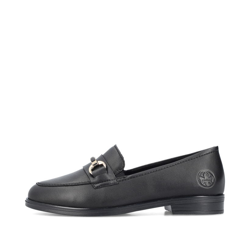 Mocassins Rieker noirs pour femme 46262-01 en cuir lisse. Côté extérieur de la chaussure.