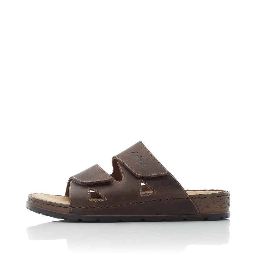 Braune Rieker Herren Pantoletten 25691-25 mit einem Klettverschluss. Schuh Außenseite.