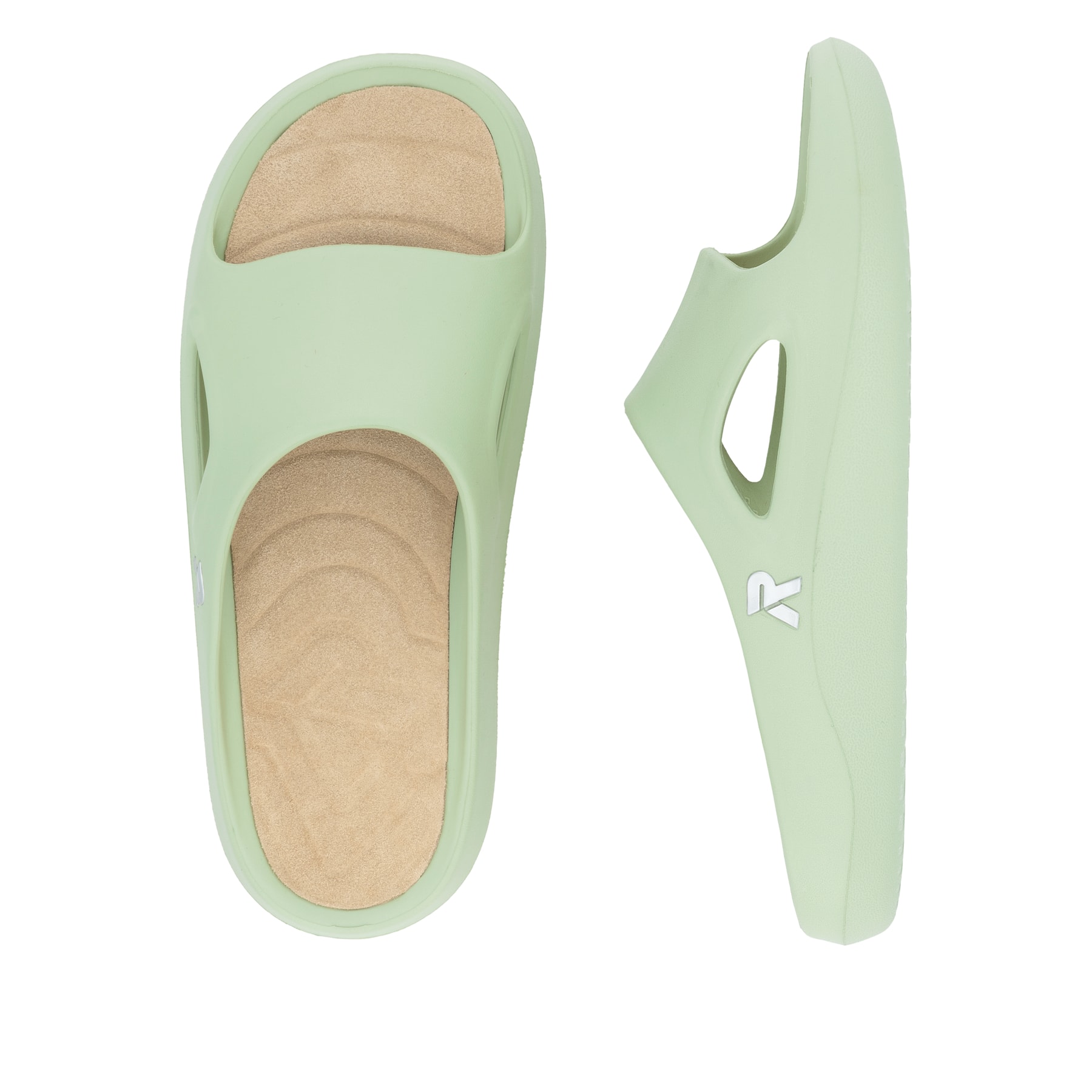 Grüne Rieker Damen Pantoletten W3350-52 mit flexibler und ultraleichter Sohle. Schuh von oben, liegend.