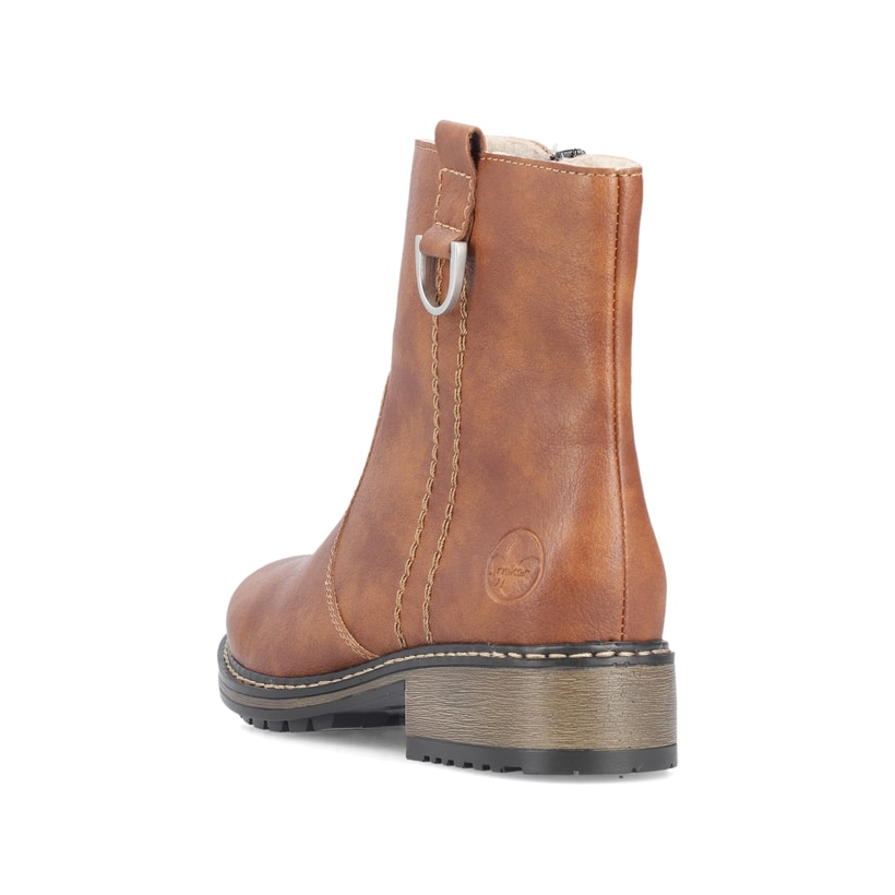 Fuchsbraune Rieker Damen Kurzstiefel Z6871-24 mit einem Reißverschluss. Schuh von oben.