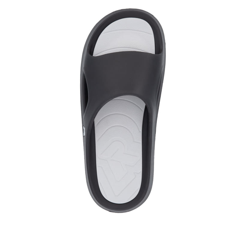 Schwarze Rieker Herren Pantoletten U3450-00 mit einer ultraleichten Sohle. Schuh von oben.