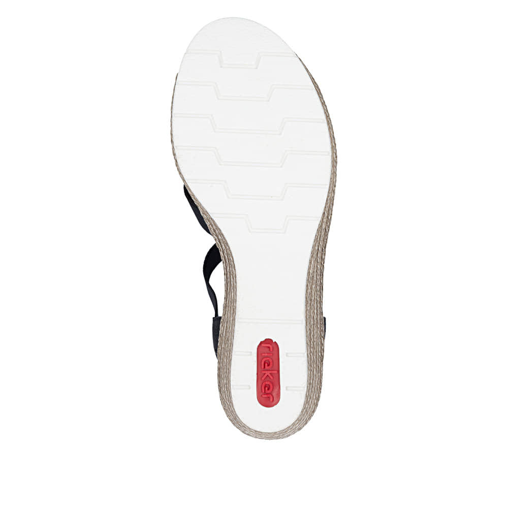 Schwarze Rieker Keilsandaletten 619B2-00 mit Schmuckelementen sowie Gummizug. Schuh Laufsohle.