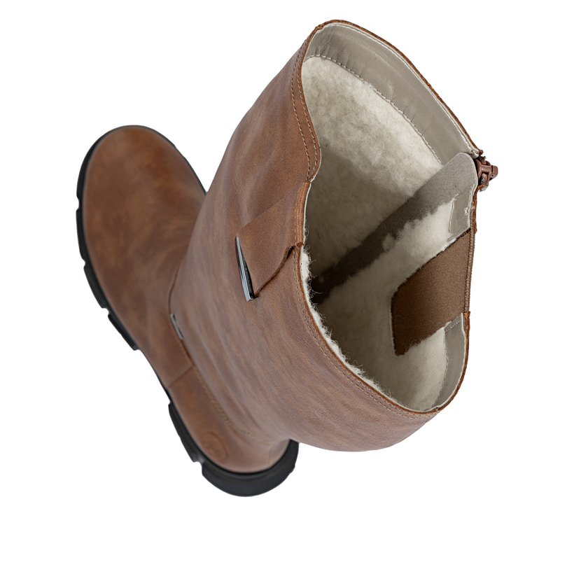 Zimtfarbene Rieker Damen Hochschaftstiefel Y7190-24 mit einem Reißverschluss. Schuh von oben, liegend.