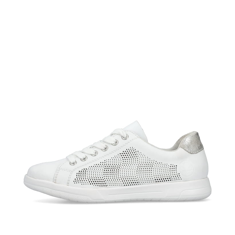 Weiße Rieker Damen Sneaker Low 45606-80 mit einer Schnürung. Schuh Außenseite.