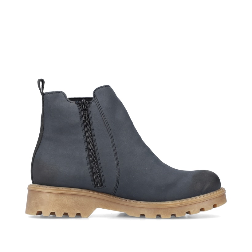 Atlantikblaue Rieker Damen Chelsea Boots 73250-14 mit einem Reißverschluss. Schuh Innenseite.