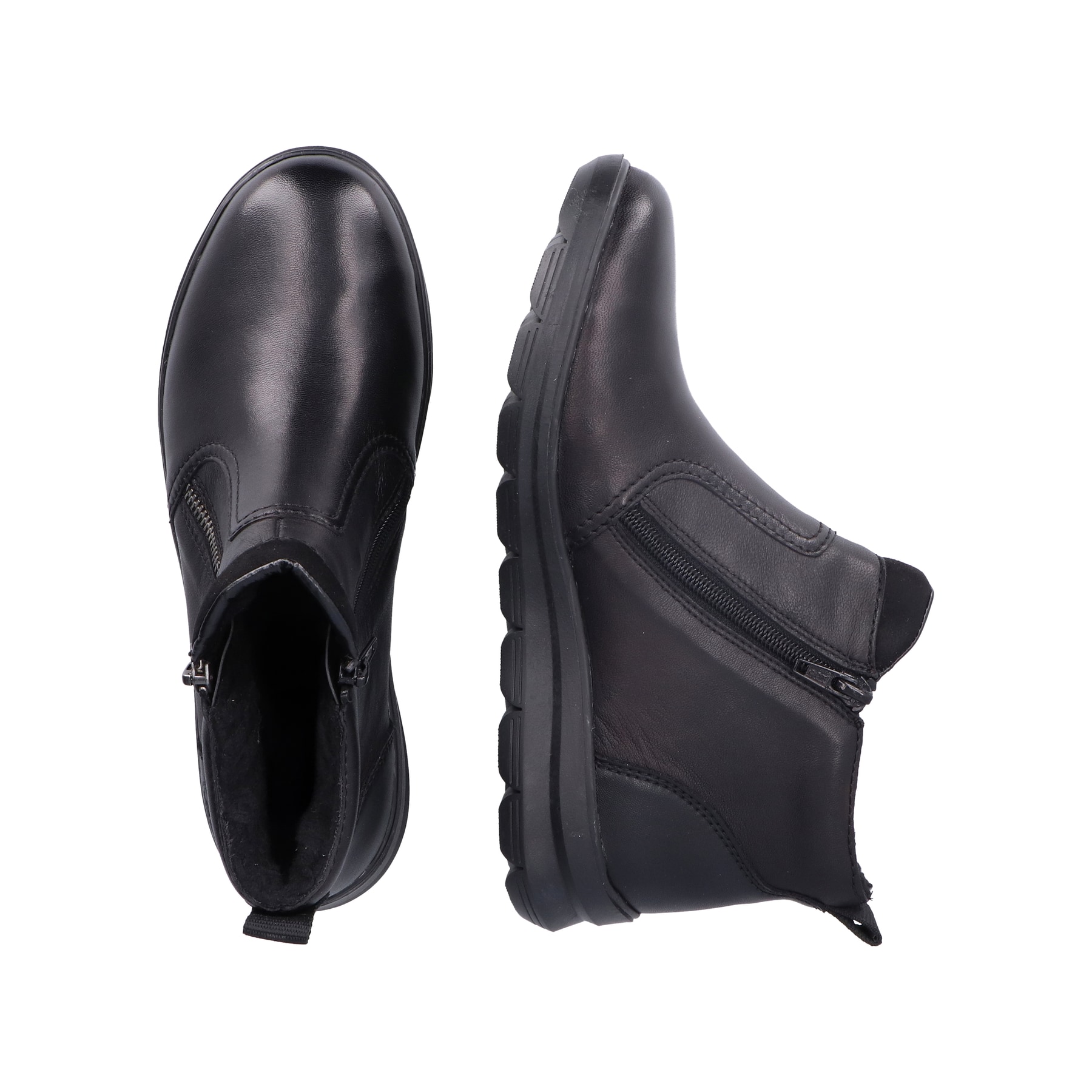 Schwarze Rieker Damen Kurzstiefel Z0060-00 aus Glattleder mit Reißverschluss. Schuh von oben, liegend.