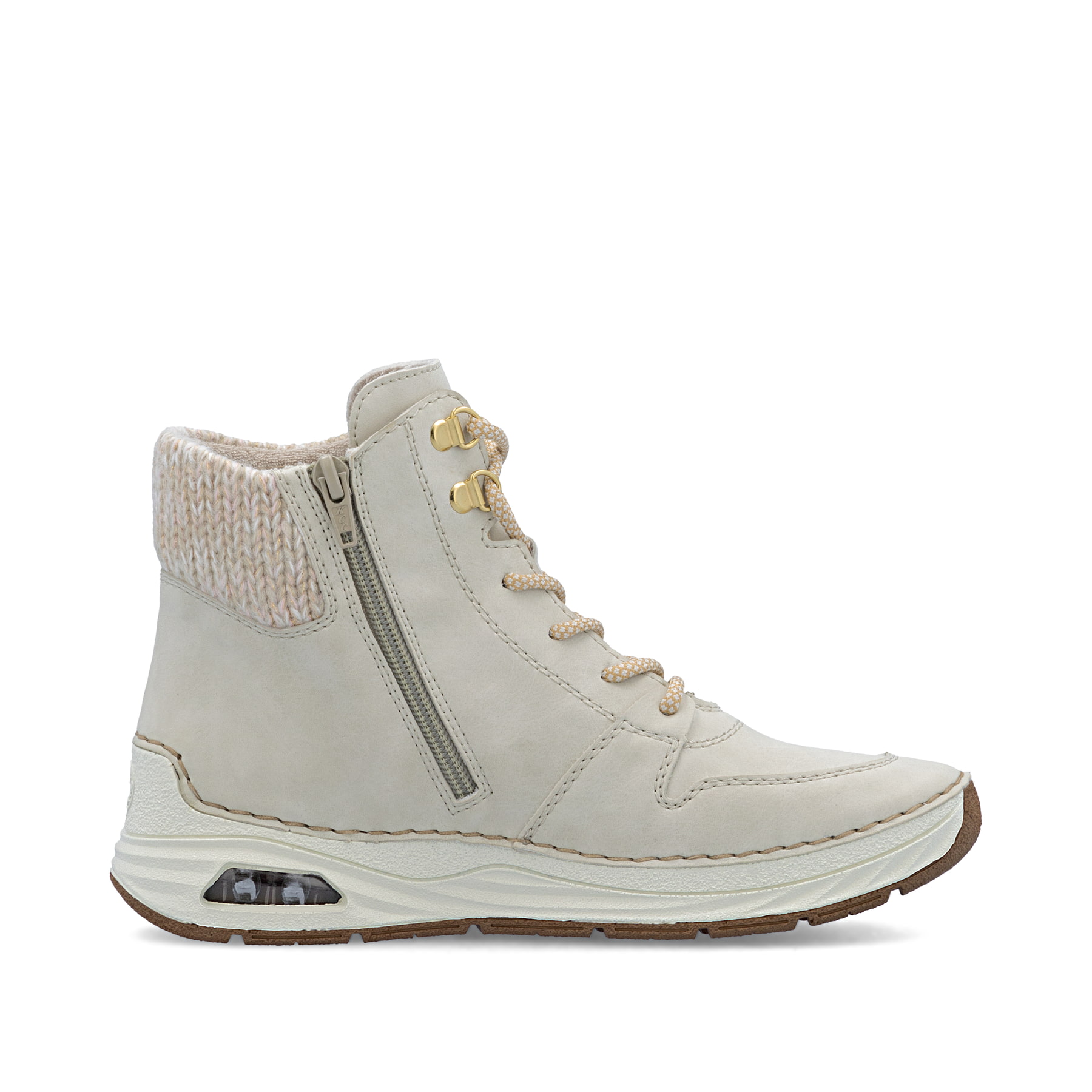 Hellbeige Rieker Damen Schnürstiefel 44555-60 mit Rieker Air Sohlenfenster. Schuh Innenseite.