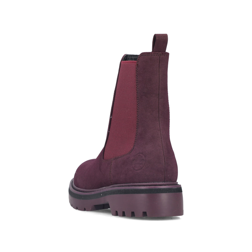 Brombeerfarbene Rieker Damen Chelsea Boots 91580-30 mit einem Reißverschluss. Schuh von hinten.