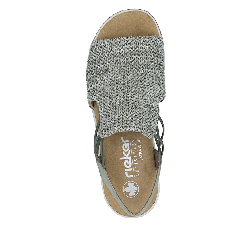 Khakifarbene Rieker Keilsandaletten 62741-52 mit Gummizug sowie der Extraweite H. Schuh von oben.