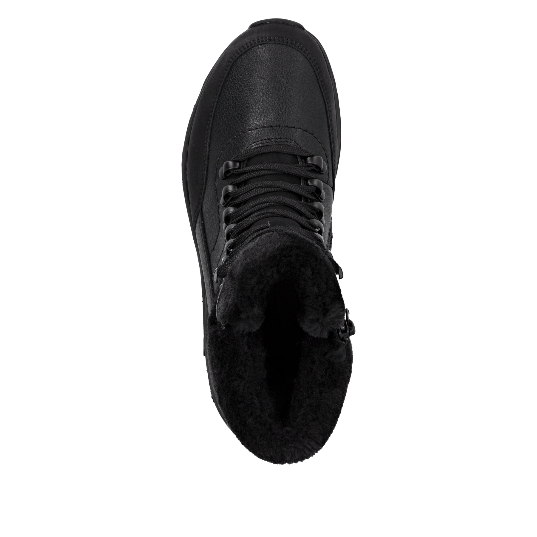 Schwarze Rieker Damen Schnürstiefel W0063-02 mit wasserabweisender TEX-Membran. Schuh von oben.