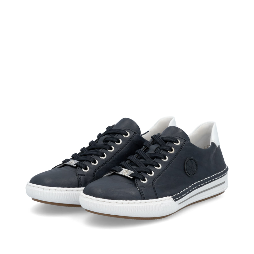 Blaue Rieker Damen Schnürschuhe L7210-14 mit einer herausnehmbaren Einlegesohle. Schuhpaar seitlich schräg.