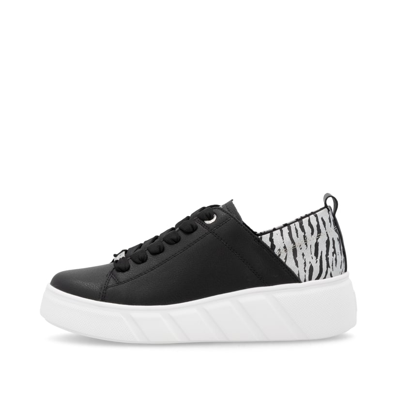 Schwarze Rieker Damen Sneaker Low W2602-02 mit einer Schnürung. Schuh Außenseite.