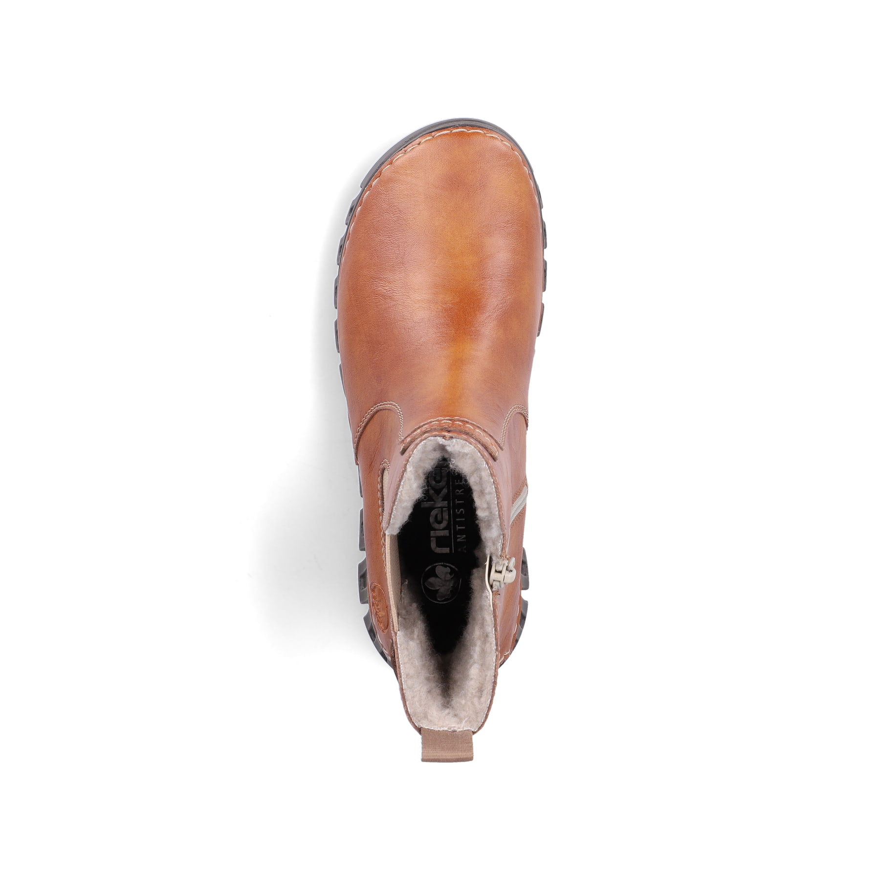 Braune Rieker Damen Chelsea Boots 57560-24 mit einem Reißverschluss. Schuh von oben.