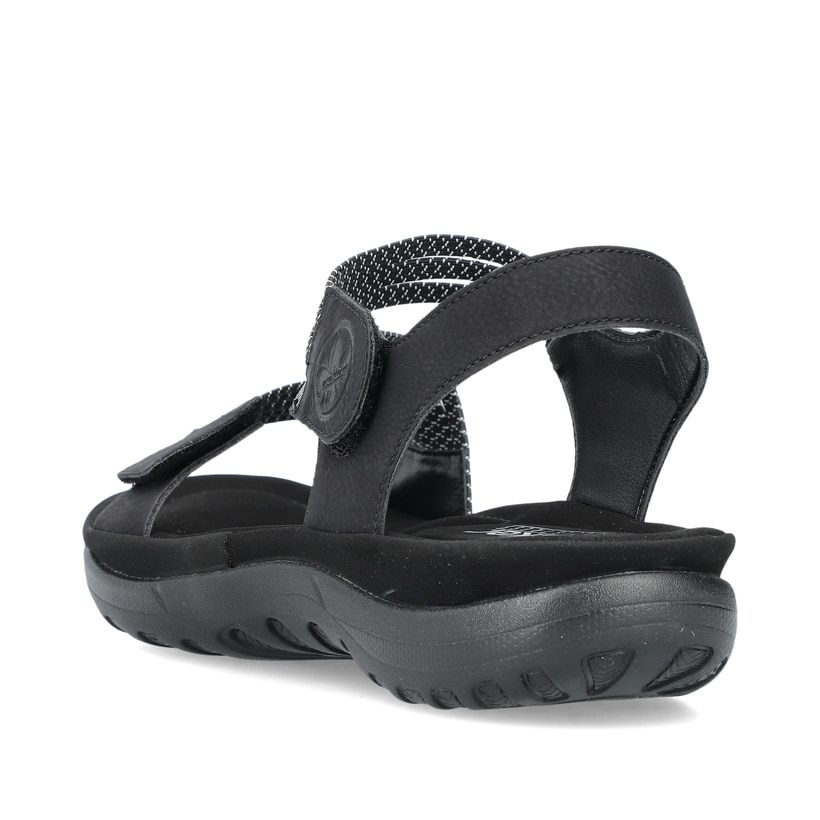 Schwarze vegane Rieker Damen Trekkingsandalen 64870-00 mit einem Klettverschluss. Schuh von hinten.
